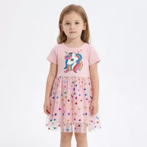 Carino Vestito in Cotone a Maniche Corte con Unicorno per Bambini